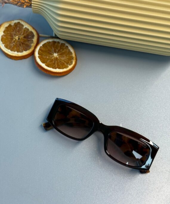 Gucci Unisex Dikdörtgen Asetat Güneş Gözlüğü-Black/Havana Brown