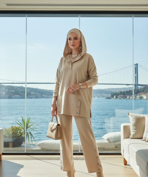 Premium Çıtçıtlı Dotta İkili Takım TK100301  - Bej