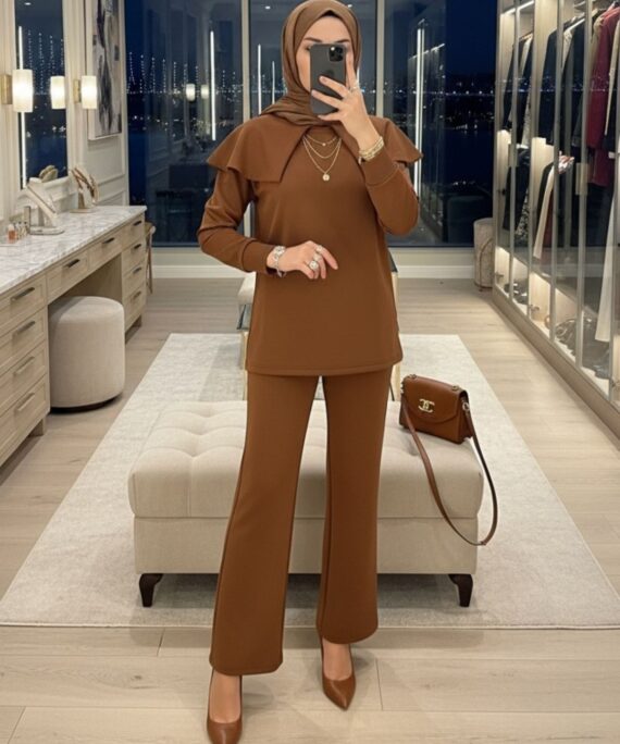 Oysho Omuz Pelerin Detay İkili Takım TK100360  - Taba