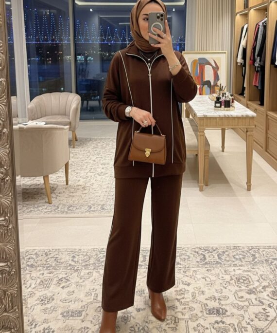 Premium Oysho Şeritli İkili Takım TK100244  -Acı Kahve