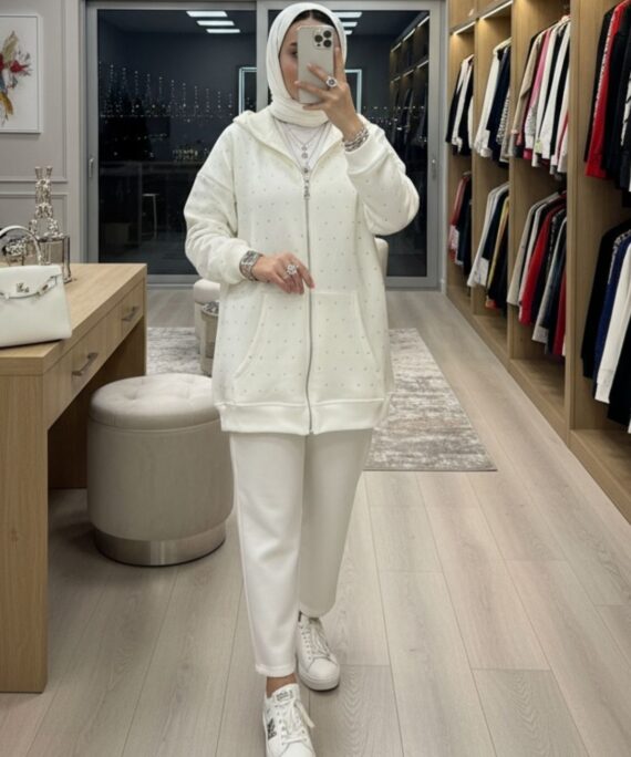 Taşlı Kapüşonlu Sweat Hırka HRK100365  - Beyaz