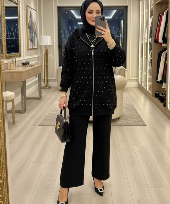 Taşlı Kapüşonlu Sweat Hırka HRK100365  - Siyah