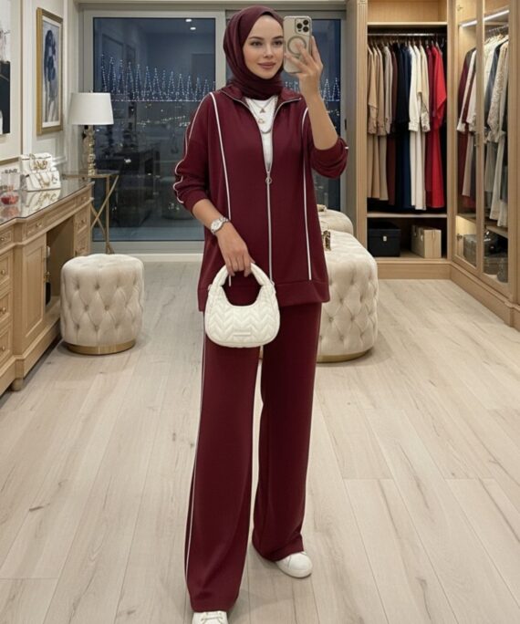 Premium Oysho Şeritli İkili Takım TK100244  -Bordo