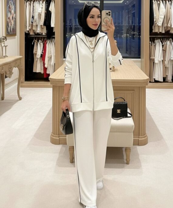 Premium Oysho Şeritli İkili Takım TK100244  -Beyaz