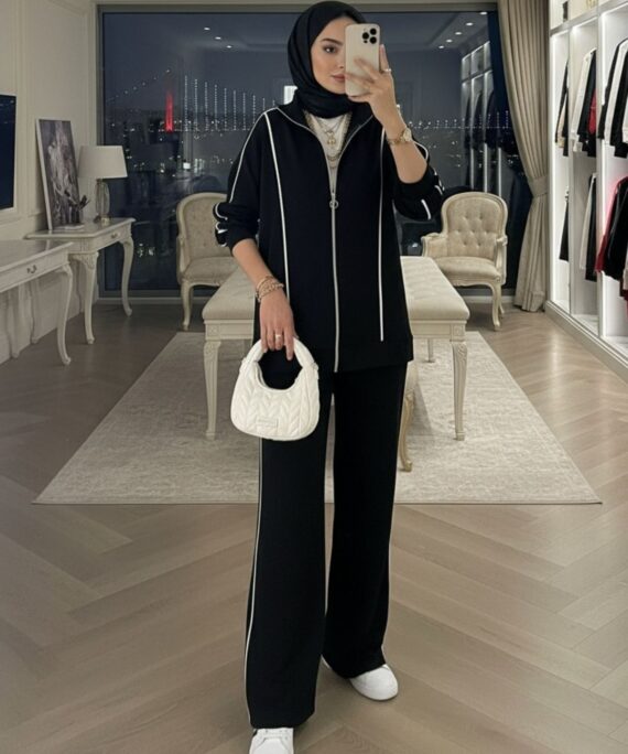 Premium Oysho Şeritli İkili Takım TK100244  - Siyah