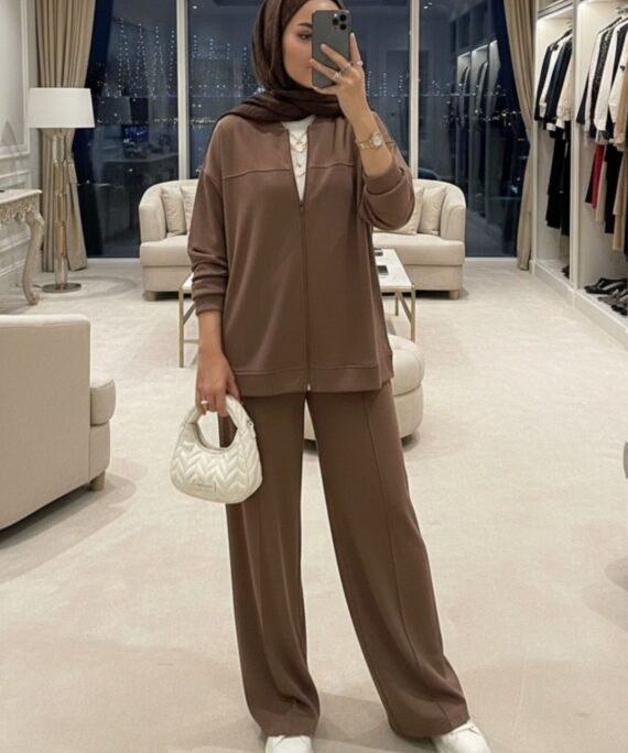 Fermuarlı Basic İkili Takım BÜYÜK BEDEN TK2962   - Karamel