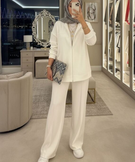 Fermuarlı Basic İkili Takım BÜYÜK BEDEN TK2962  - Beyaz İnci