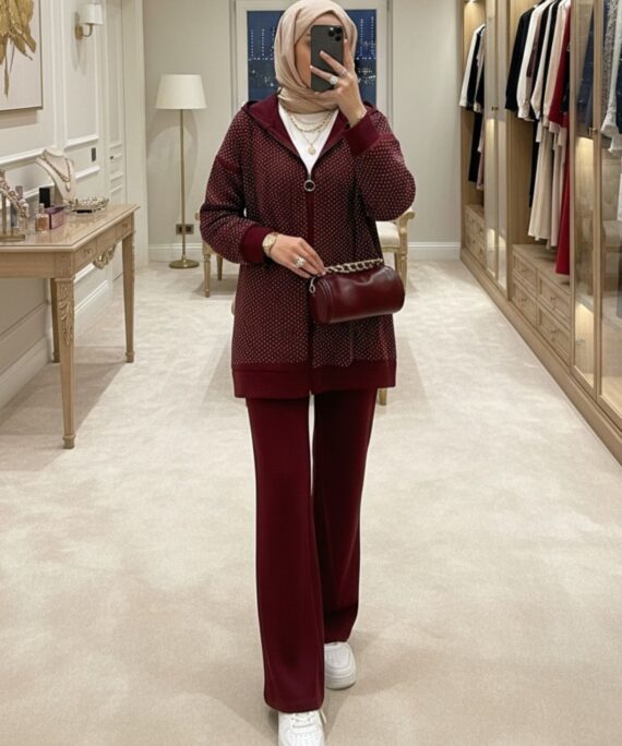 Kalve Taş İşlemeli İkili Takım TK100296 - Bordo