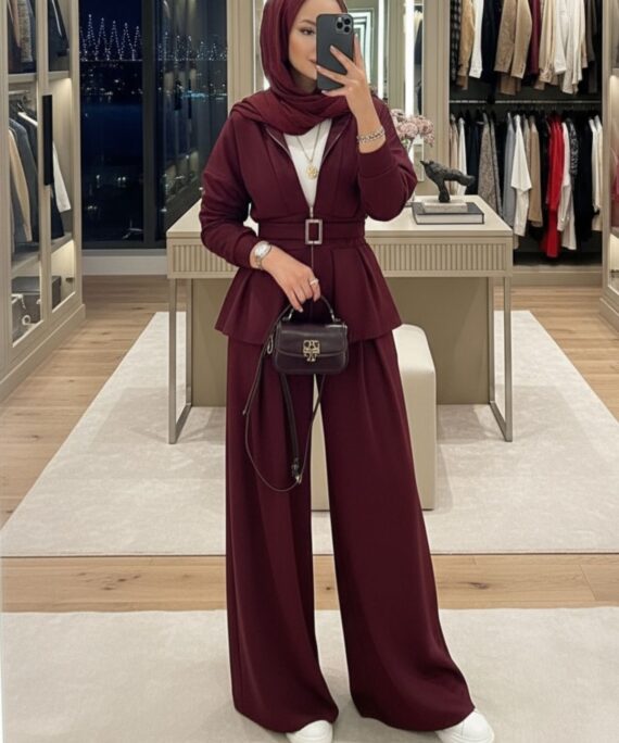 Oysho Premium Kemer Detay Palazzo İkili Takım TK2975  -Bordo
