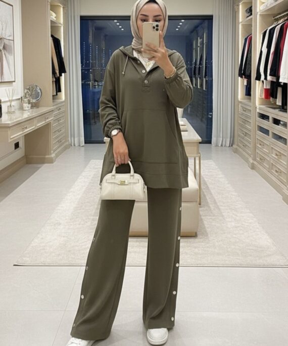 Premium Oysho Çıtçıtlı ı İkili Takım TK100242  - Haki