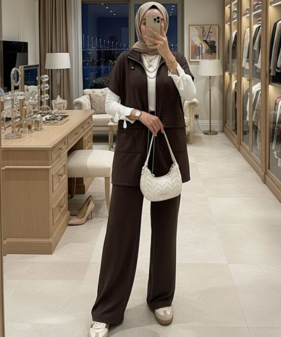 Premium Oysho  Yelekli İkili Takım TK100249  - Acı Kahve