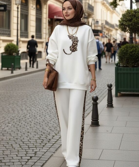 Leopar Nakışlı Şardonlu İkili Takım TK100258 - Beyaz