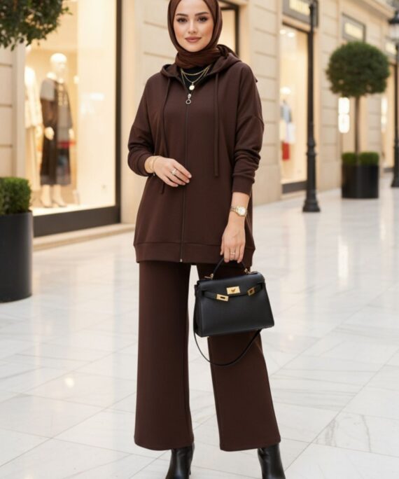 Premium Fermuarlı Basic İkili Takım TK2962  - Acı Kahve