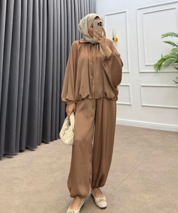 Saten Bomber Ceket Pantolon İkili Takım TK100238  - Taba