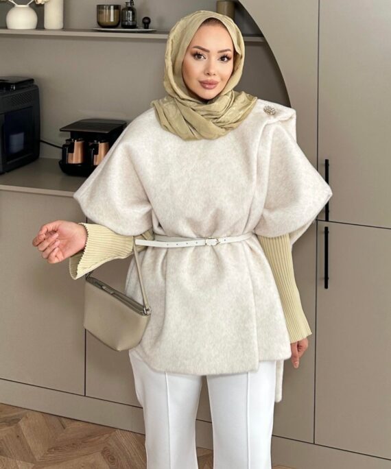 Şal Detaylı Kaban (Kemer Hediyeli)  DŞ100433 - Ekru