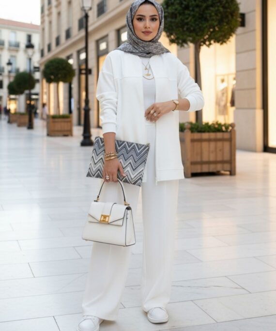 Premium Fermuarlı Basic İkili Takım TK2962  - Beyaz İnci