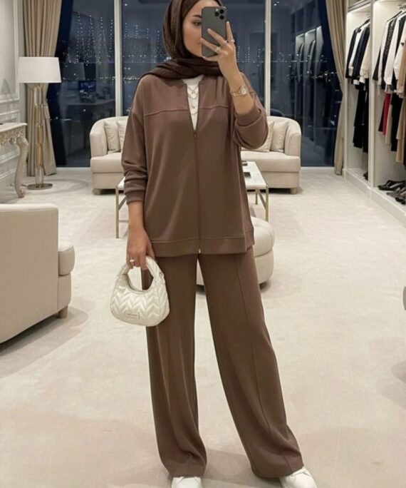 Premium Fermuarlı Basic İkili Takım TK2962  - Karamel