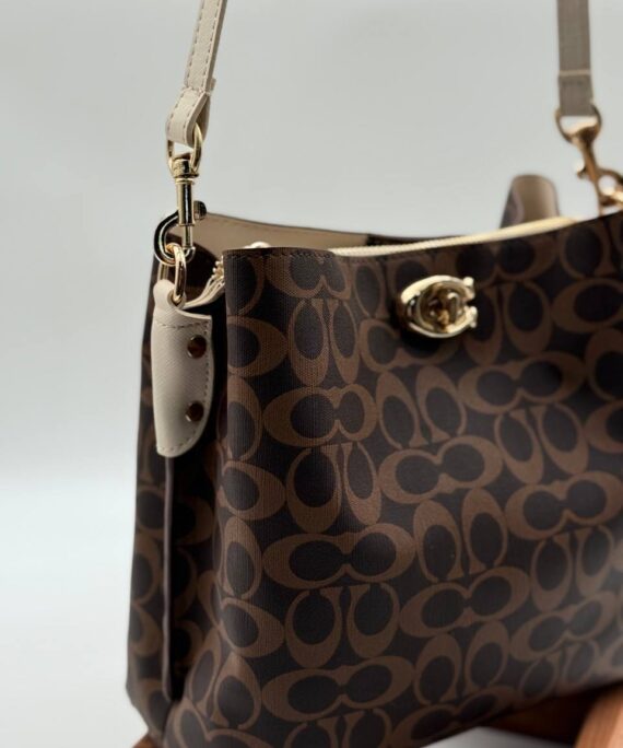 Coach Gofraj baskılı kilitli büzgülü  kahve bej çanta