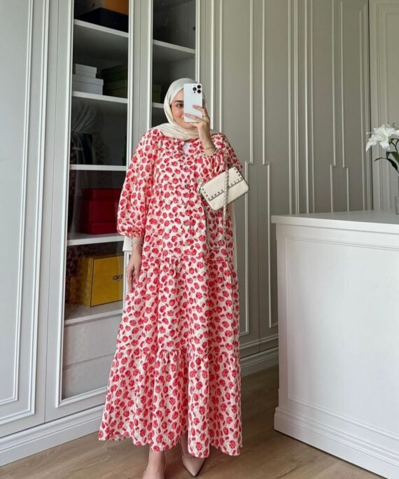 Kiraz Desenli Elbise-1200-Kırmızı