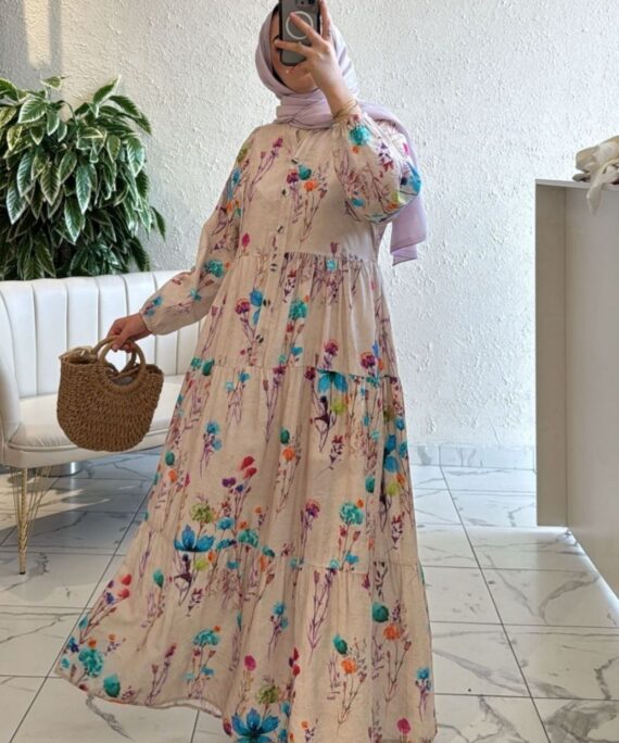 Viyole Kır Bahçesi Elbise  L10020 BÜYÜK BEDEN -  Mavi Ortanca