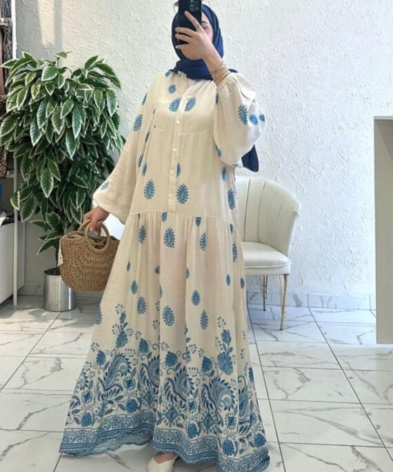 Çini Border Desen  Elbise - Gök Mavi