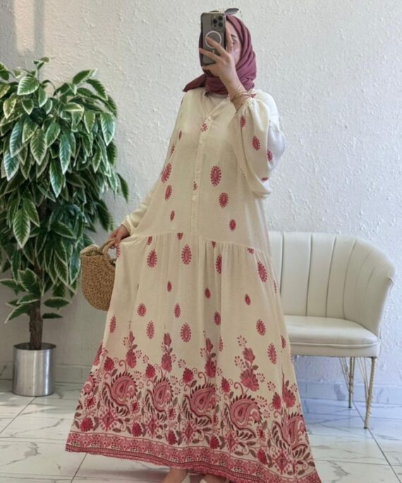 Çini Border Desen Elbise - Kiraz Çiçeği