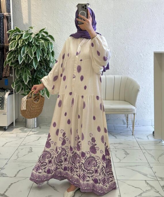 Çini Border Desen Elbise - Lavanta