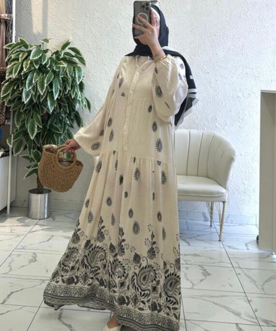 Çini Border Desen  Elbise - Siyah