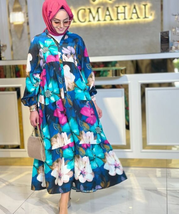 Lora Çiçek Desen Elbise L10057 - Okyanus Mavi