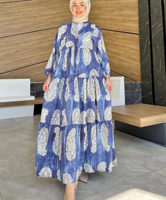 Damask Desen Elbise AS10486- Mavi