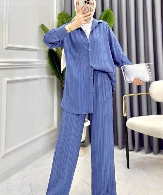 Nora Düğmeli Keten Takım  TK10046 – Mavi