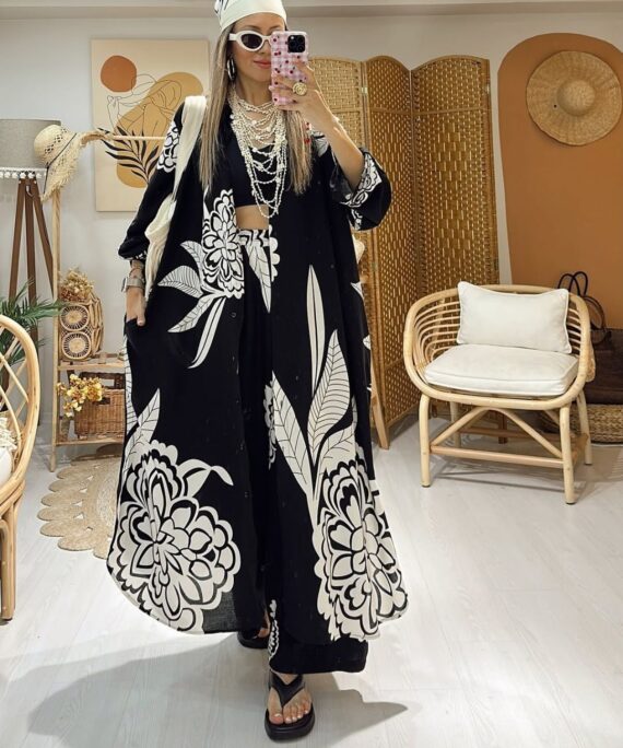 Çiçek Desen İkili Takım -Siyah