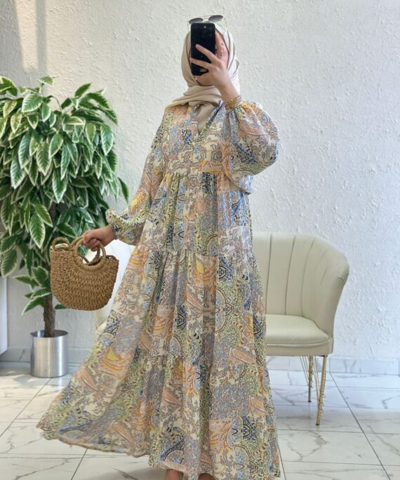 Paisley Esintisi  Elbise - Şeftali