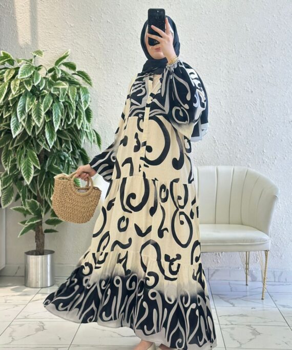 Maria Çizgi Desen Elbise L1001 - Siyah