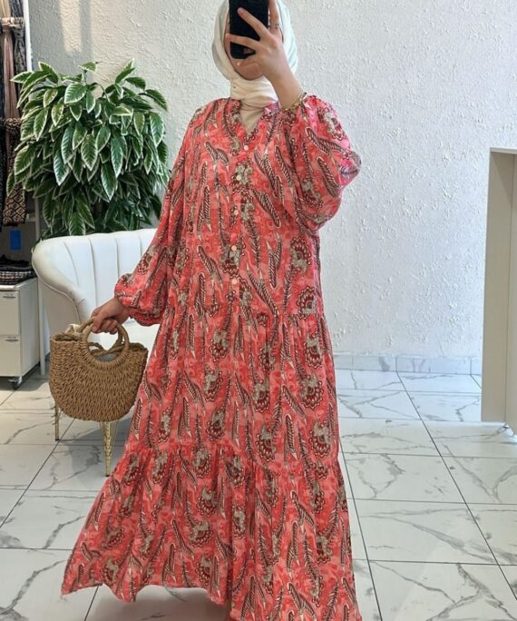 Coral Paisley Maxi Elbise L1009 - Narçiçeği