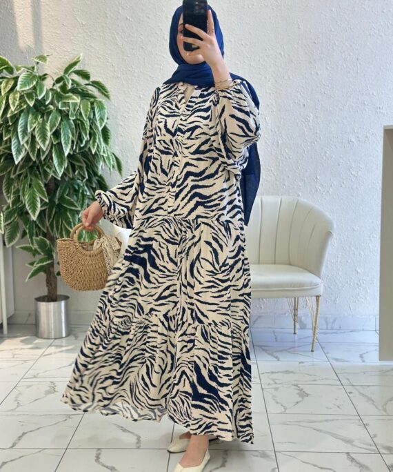 Zebra Desen Elbise - Gece Mavi