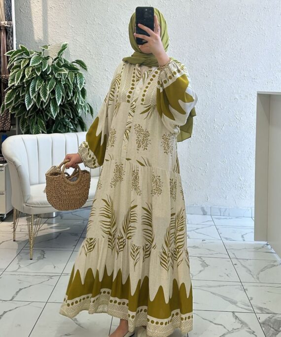 Naturel Yaprak Desen Elbise L10013 - Zeytin Yeşili