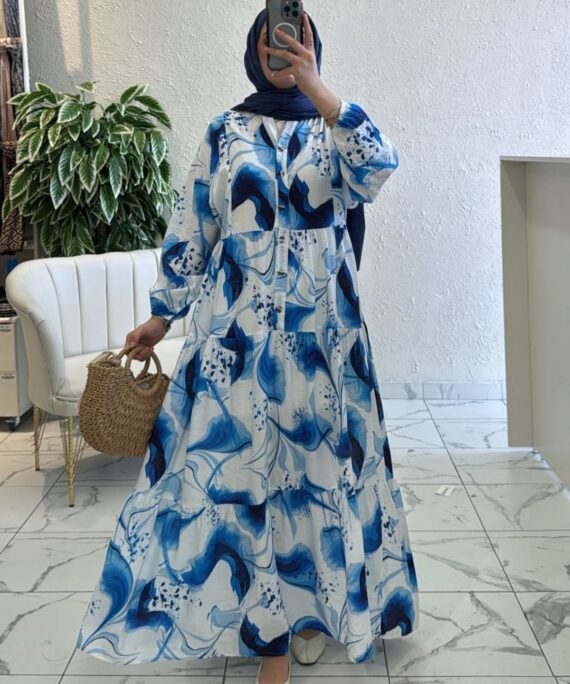 Ebruli Desen Elbise L10017 BÜYÜK BEDEN - Deniz Mavisi