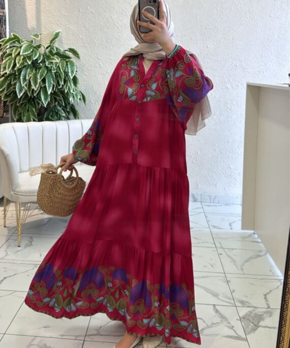Gonca Motif Desen Elbise L10023 - Şeker Pembe