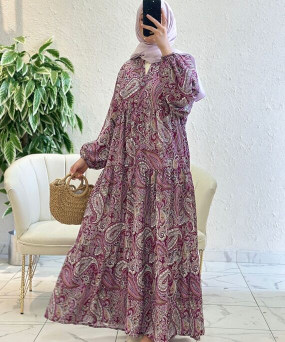 Etnik Desen Elbise L10035 - Vişne