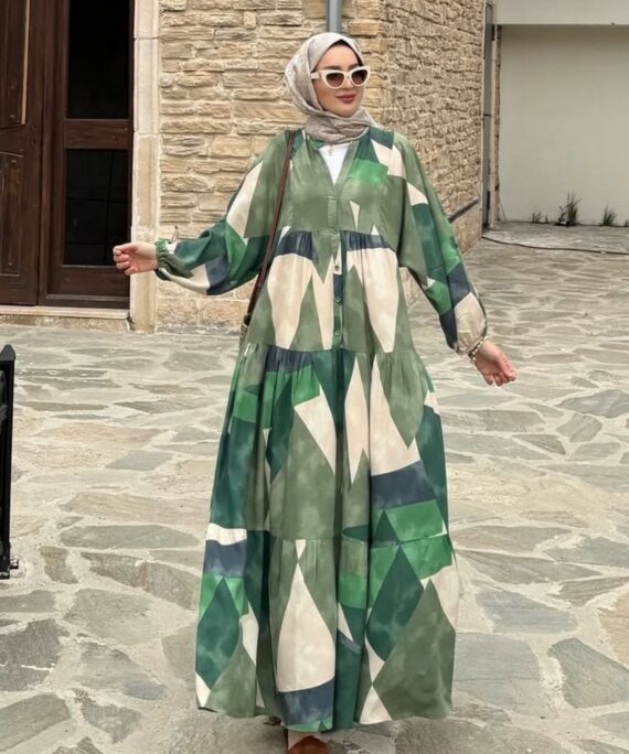 Panaroma Desen Elbise L10052 -  Yaprak Yeşili