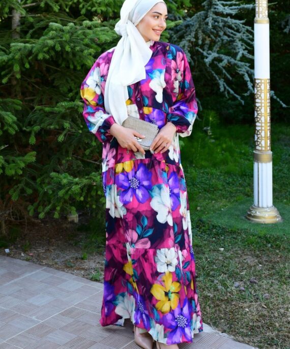 Lora Çiçek Desen Elbise L10055 - Orkide