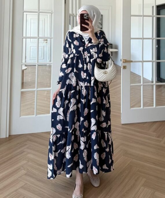 Fırça Desen Elbise L10064 - Gece Mavi