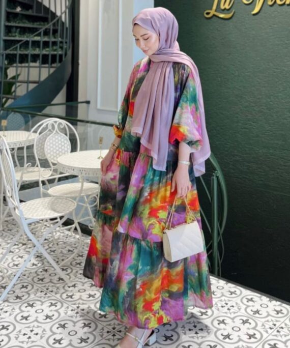 Banella Batik Desen Elbise L10072 - Renk Fırtınası