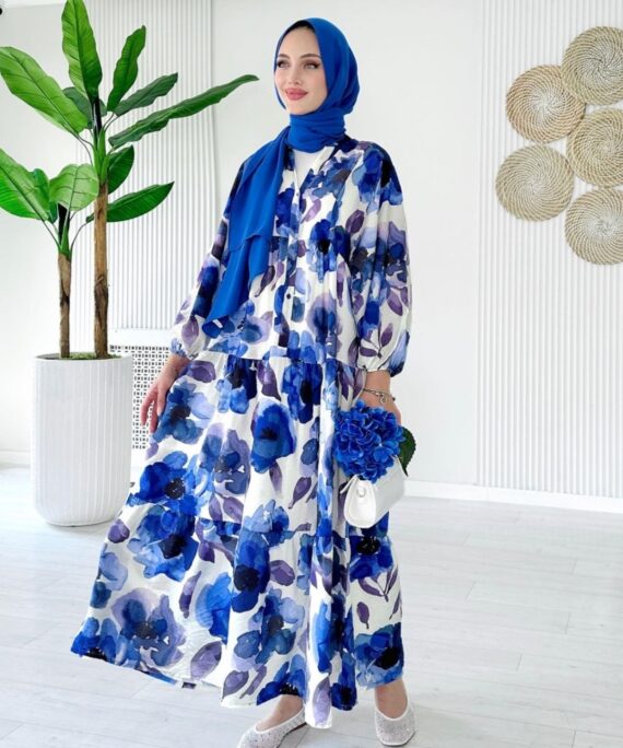 Forest Bloom Katlı Elbise L10088 - Okyanus Mavi