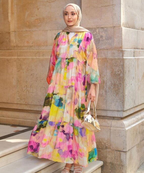 Soyut Desen Elbise L10094 - Pastel