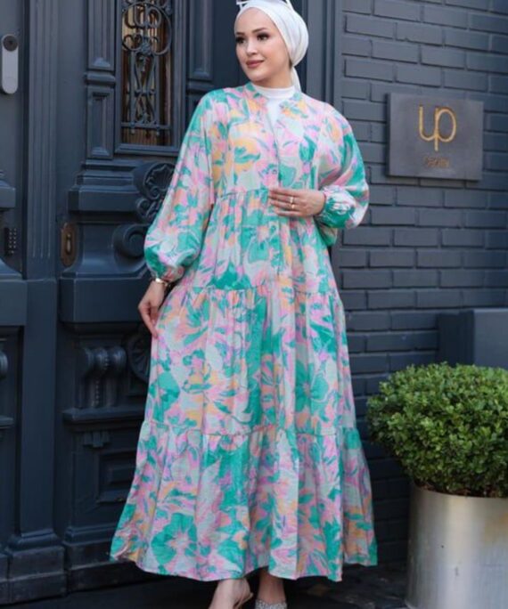 Melina Yaprak Desen Elbise L100132 - Mint