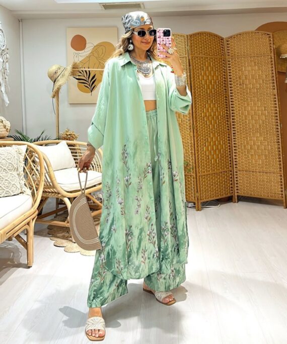 Nil Çiçek Desen İkili Takım TK100141 - Aqua Yeşil