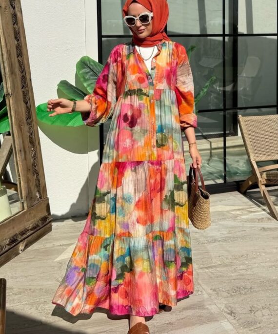 Seren Batik Çiçek Elbise L100202 - Pastel