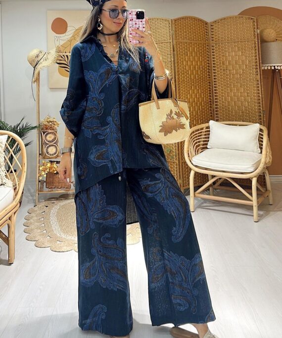 Keten Şal Desen Bol Paça İkili Takım TK100222 - Lacivert